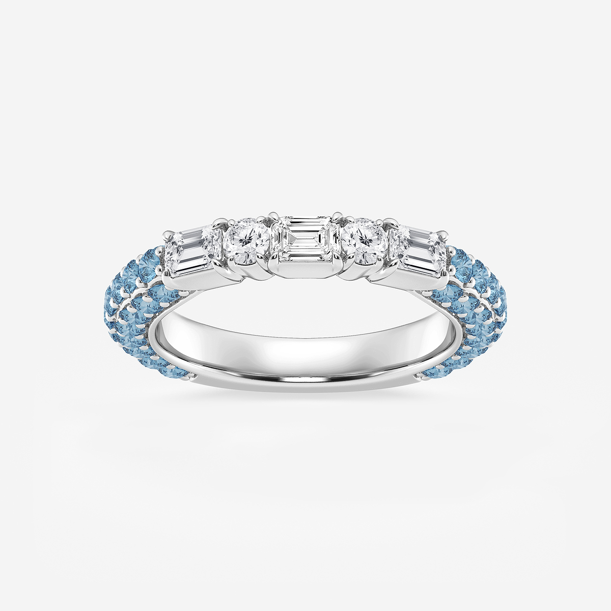5/8 ctw Emerald & Round Lab Grown Diamond Rollover Band with 1.8 mm Blue Topaz Side Stones