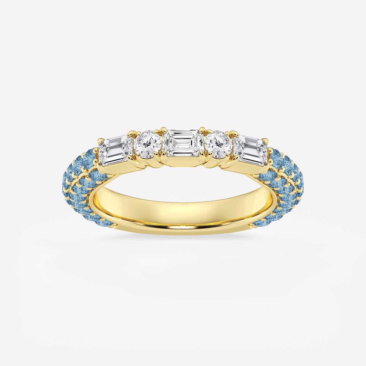 5/8 ctw Emerald & Round Lab Grown Diamond Rollover Band with 1.8 mm Blue Topaz Side Stones