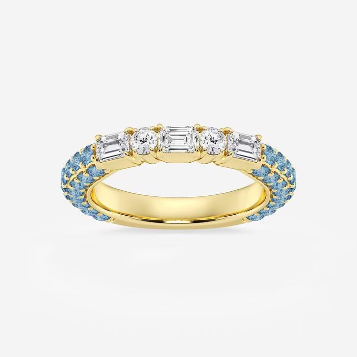 5/8 ctw Emerald & Round Lab Grown Diamond Rollover Fashion Band with 1.8 mm Blue Topaz Side Stones