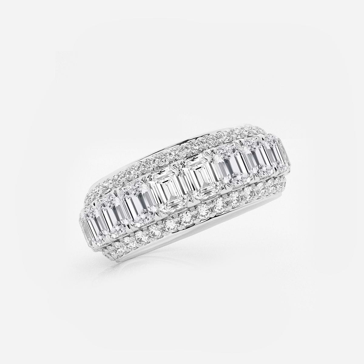 5 ctw Framed Emerald and Round Lab Grown Diamond Eternity Band - 8.25mm Width 14K White Gold, F, VS2
