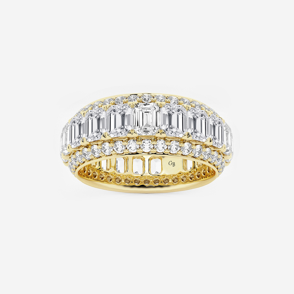5 ctw Framed Emerald and Round Lab Grown Diamond Eternity Band - 7.65mm Width 14K Yellow Gold, F, VS2