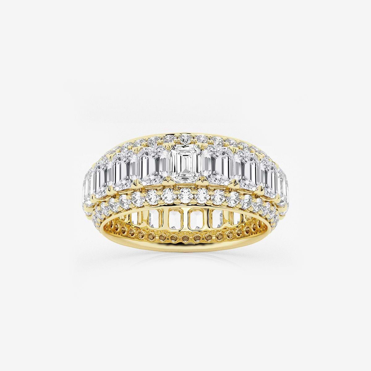 5 ctw Framed Emerald and Round Lab Grown Diamond Eternity Band - 7.65mm Width 14K Yellow Gold, F, VS2