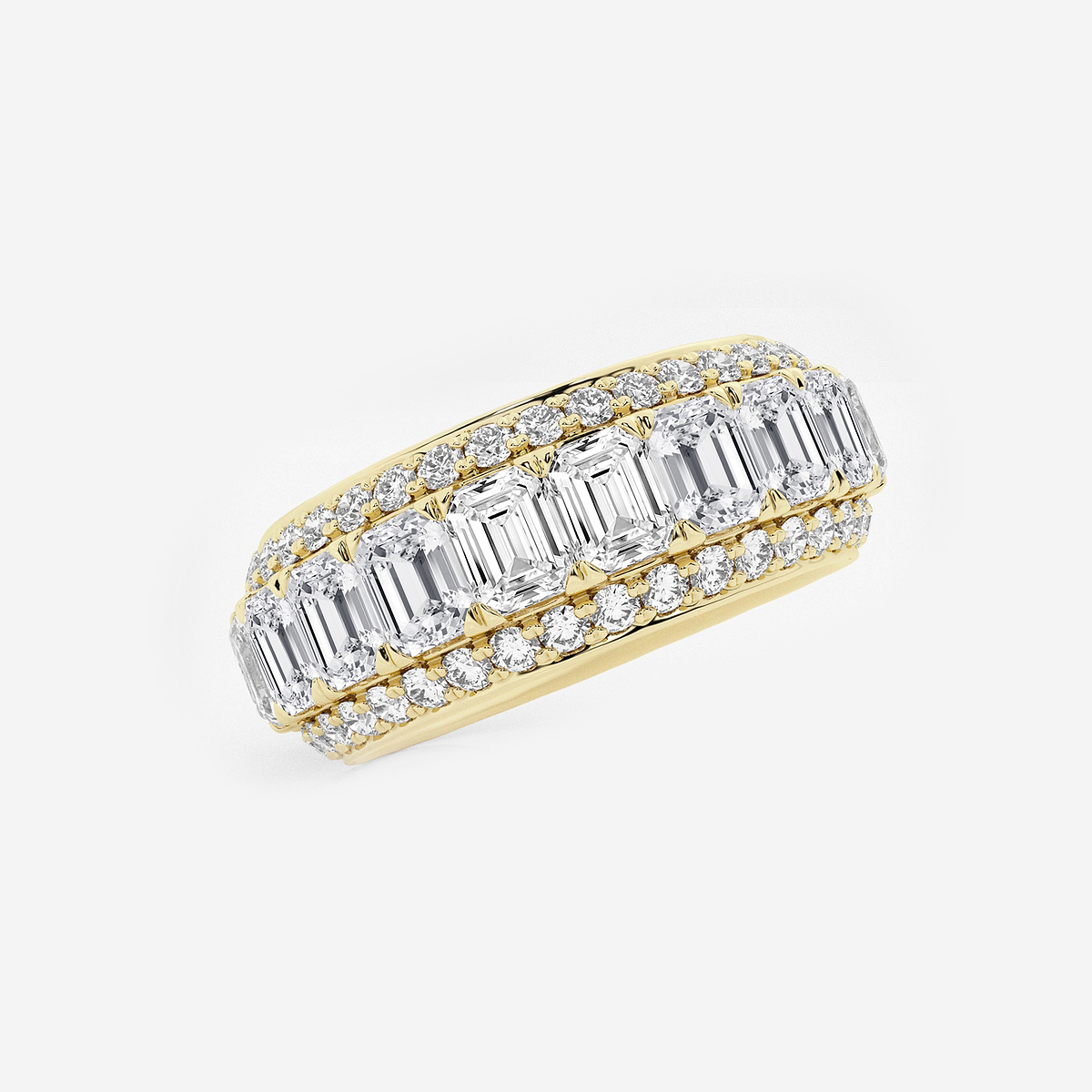 5 ctw Framed Emerald and Round Lab Grown Diamond Eternity Band - 7.65mm Width 14K Yellow Gold, F, VS2