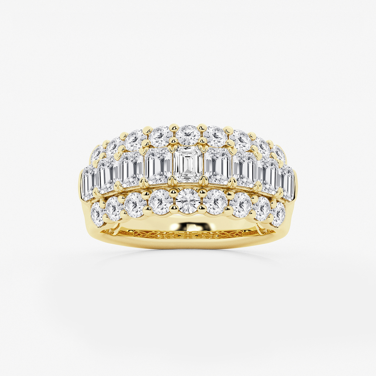 3 ctw Emerald and Round Lab Grown Diamond Three Row Band