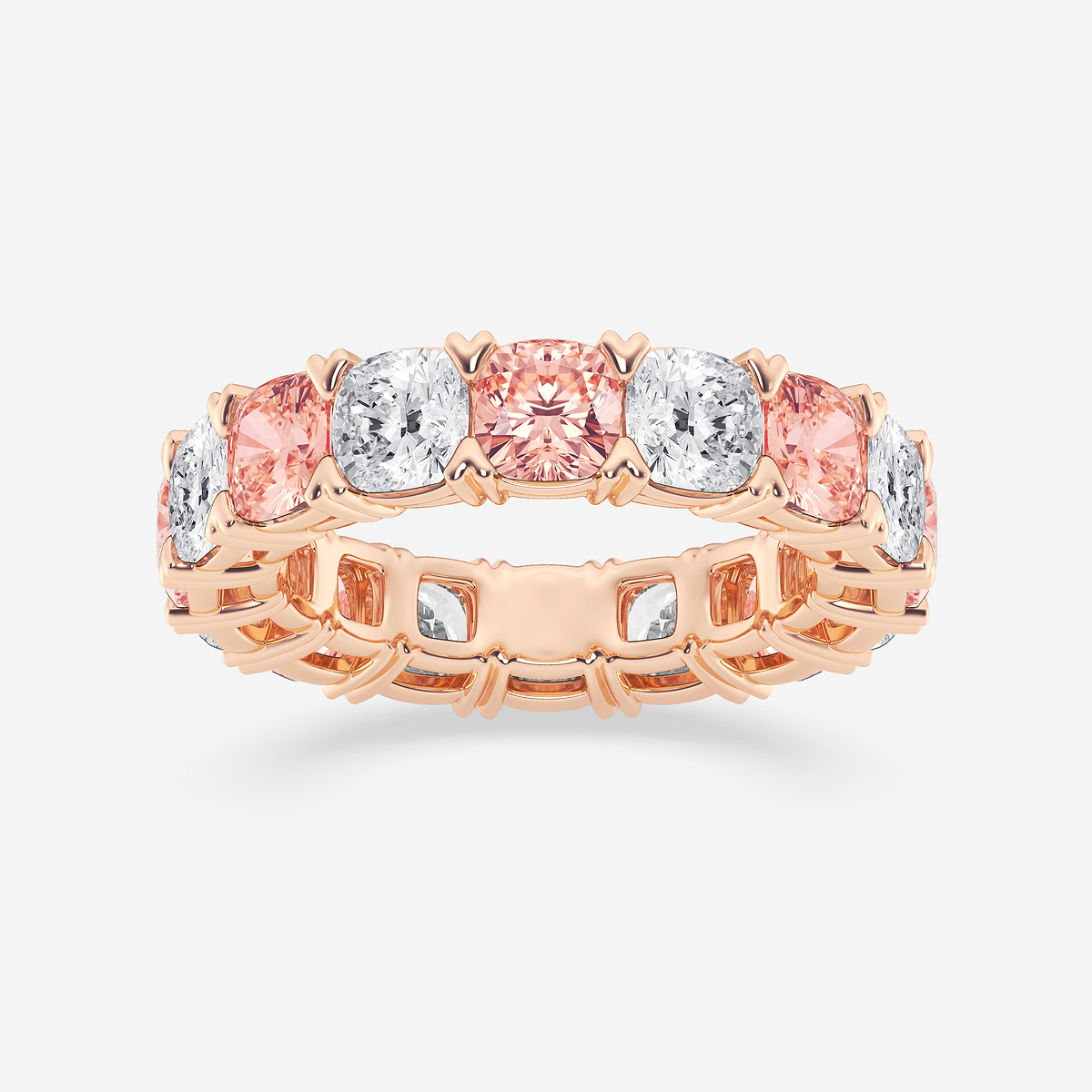 7 ctw Cushion Lab Grown Diamond with Alternating Fancy Pink V Prong Eternity Band - 4.8mm Width