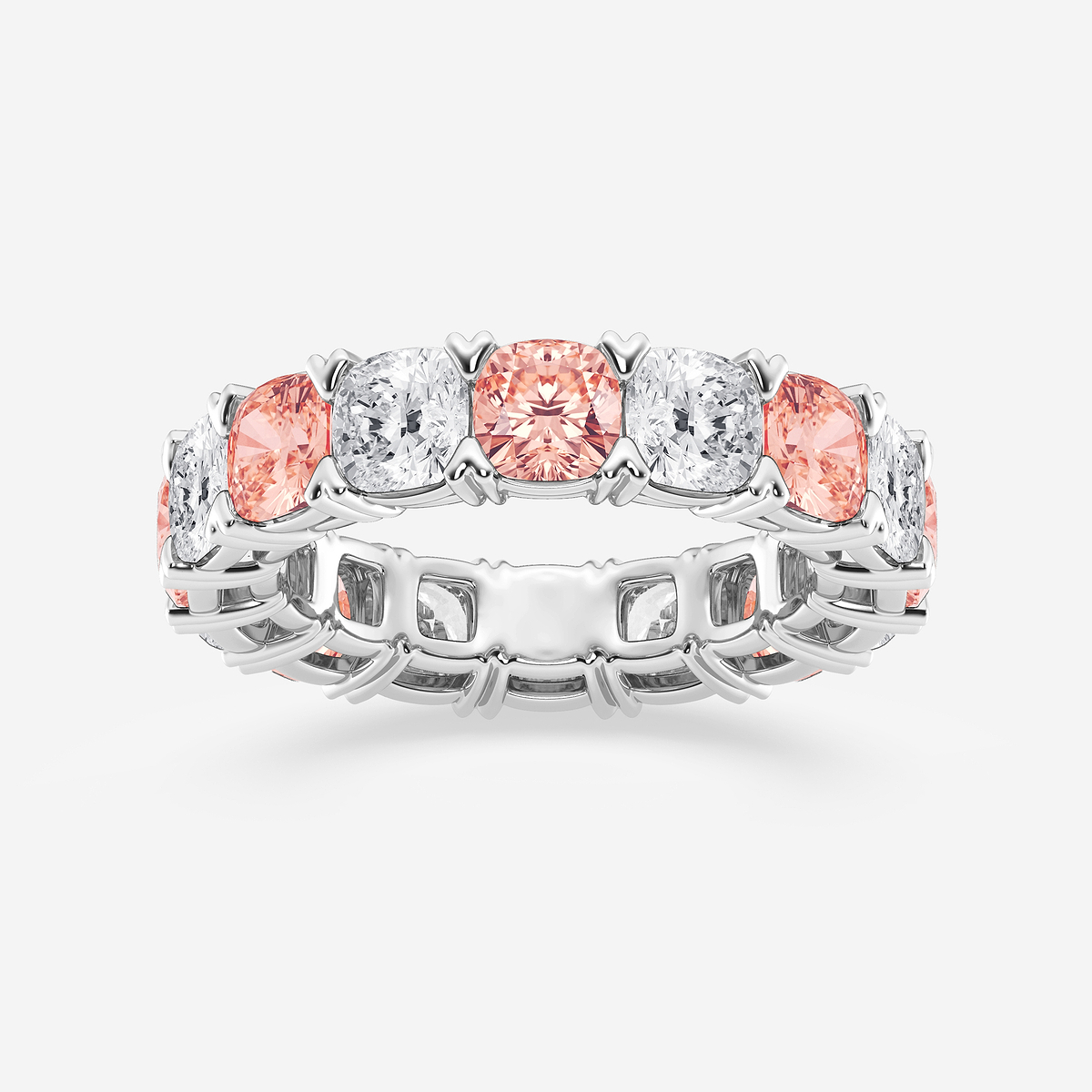 7 ctw Cushion Lab Grown Diamond with Alternating Fancy Pink V Prong Eternity Band - 4.8mm Width