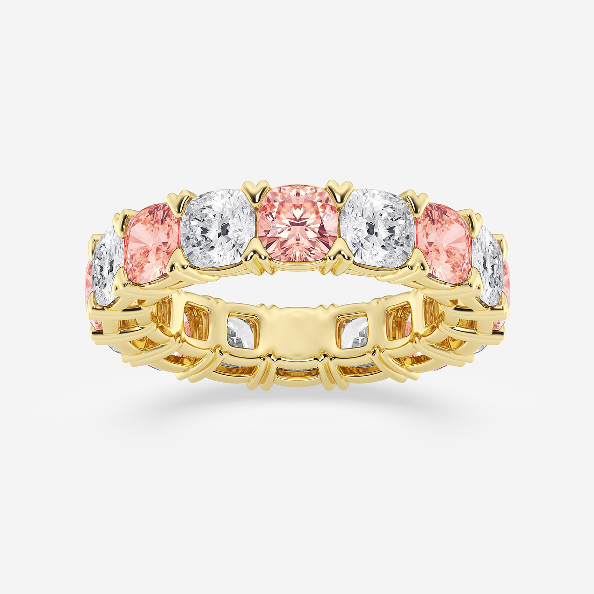 7 ctw Cushion Lab Grown Diamond with Alternating Fancy Pink V Prong Eternity Band - 4.8mm Width