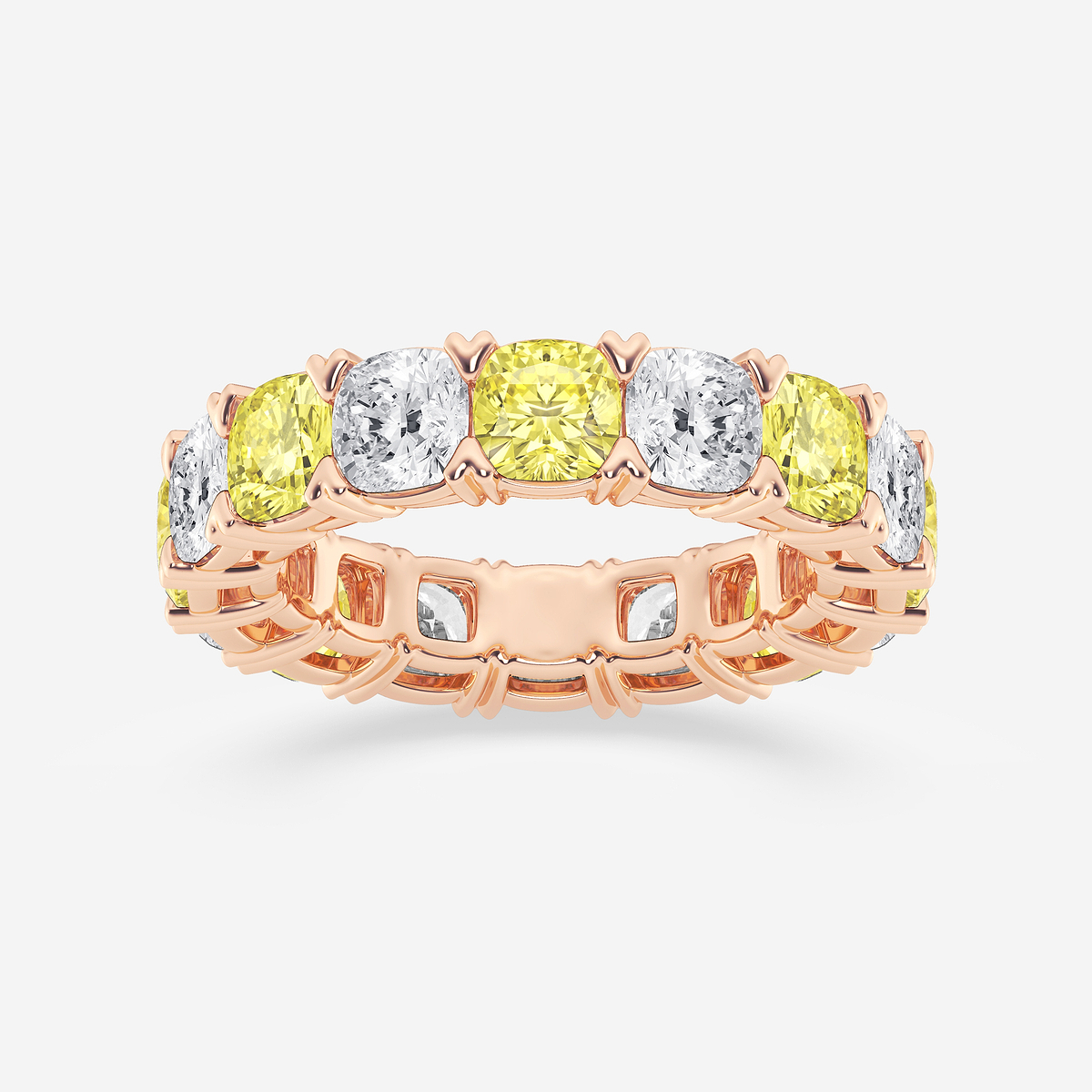 7 ctw Cushion Lab Grown Diamond with Alternating Fancy Yellow V Prong Eternity Band - 4.8mm Width