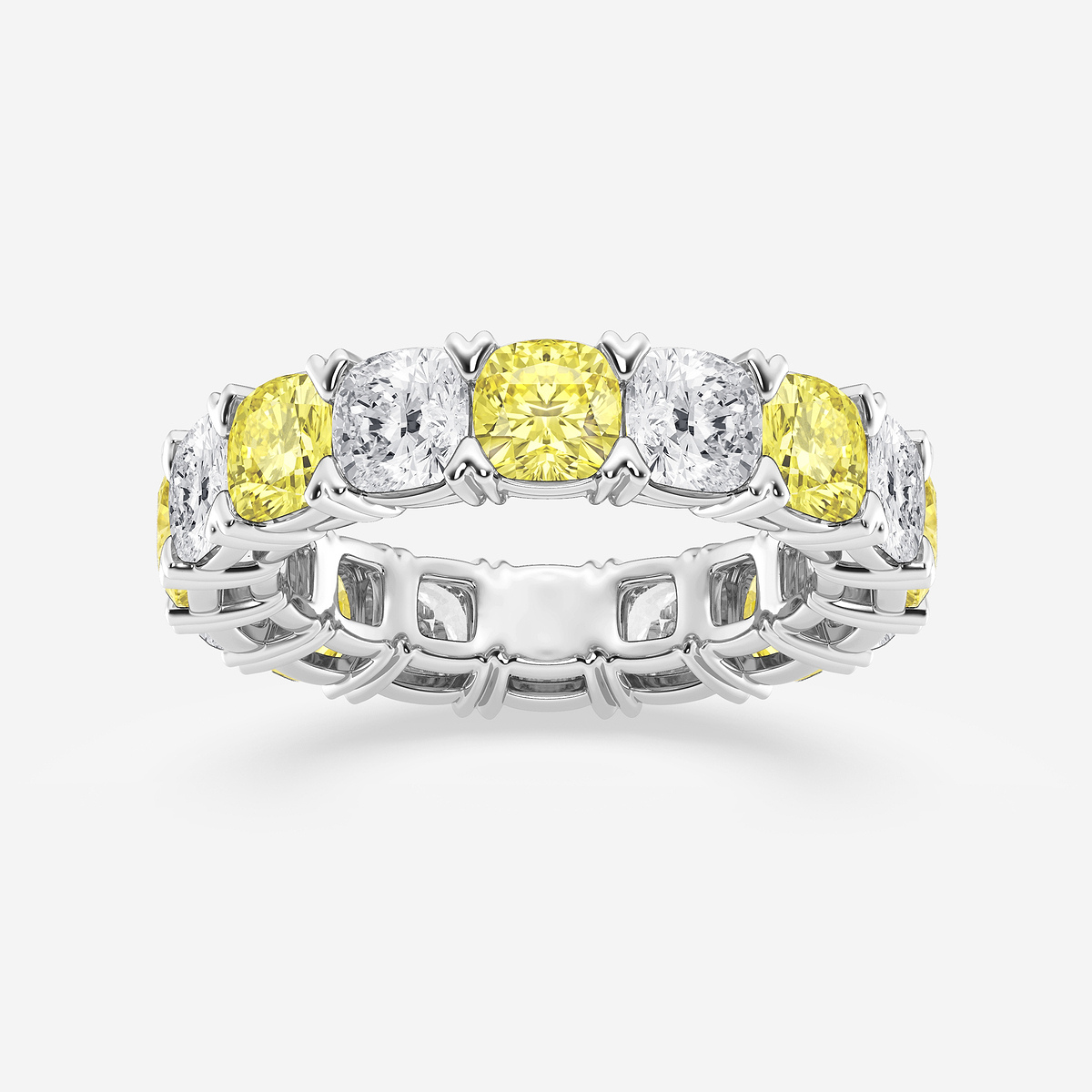 7 ctw Cushion Lab Grown Diamond with Alternating Fancy Yellow V Prong Eternity Band - 4.8mm Width