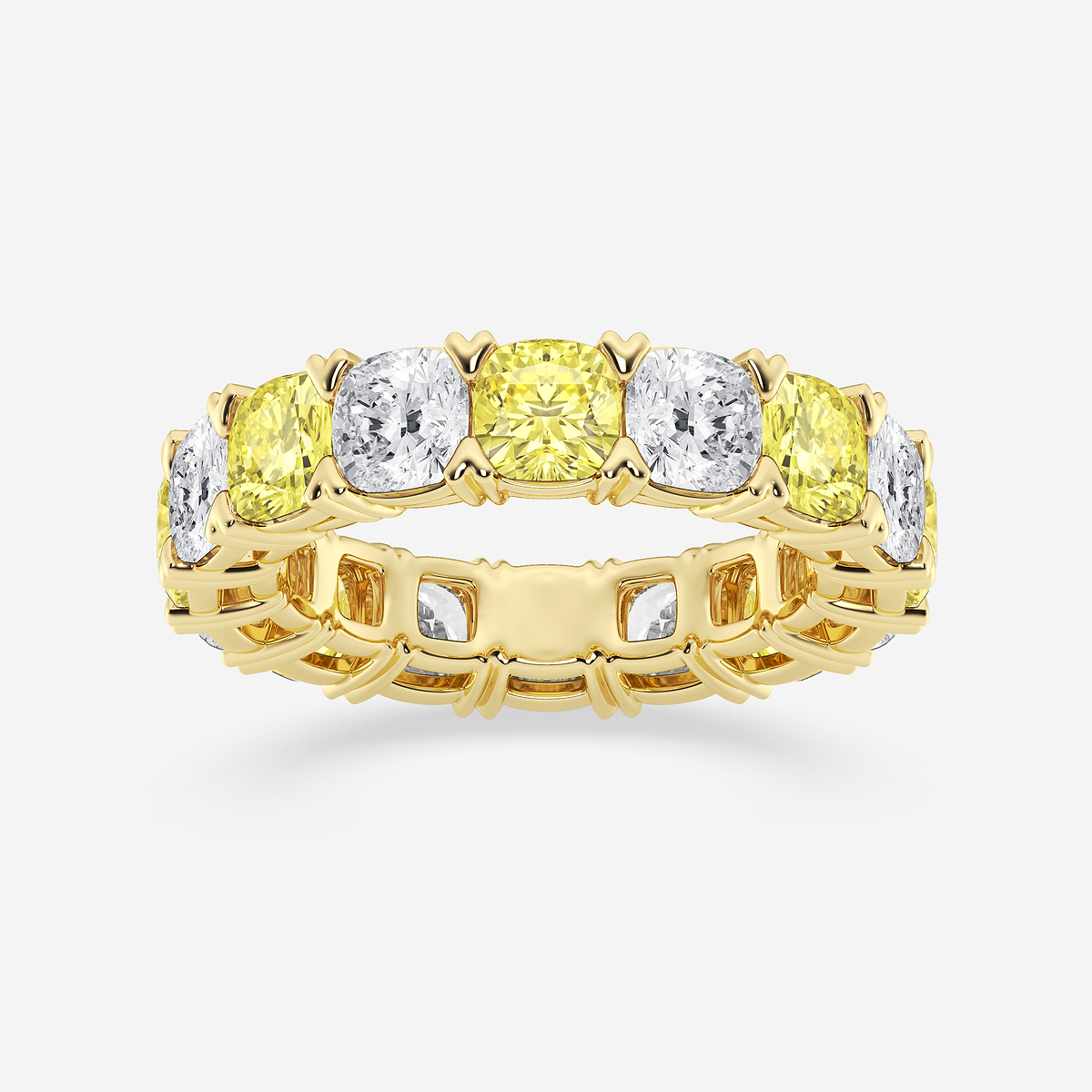 7 ctw Cushion Lab Grown Diamond with Alternating Fancy Yellow V Prong Eternity Band - 4.8mm Width