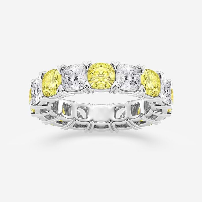 Cushion Lab Grown Diamond with Alternating Fancy Yellow V Prong Eternity Band