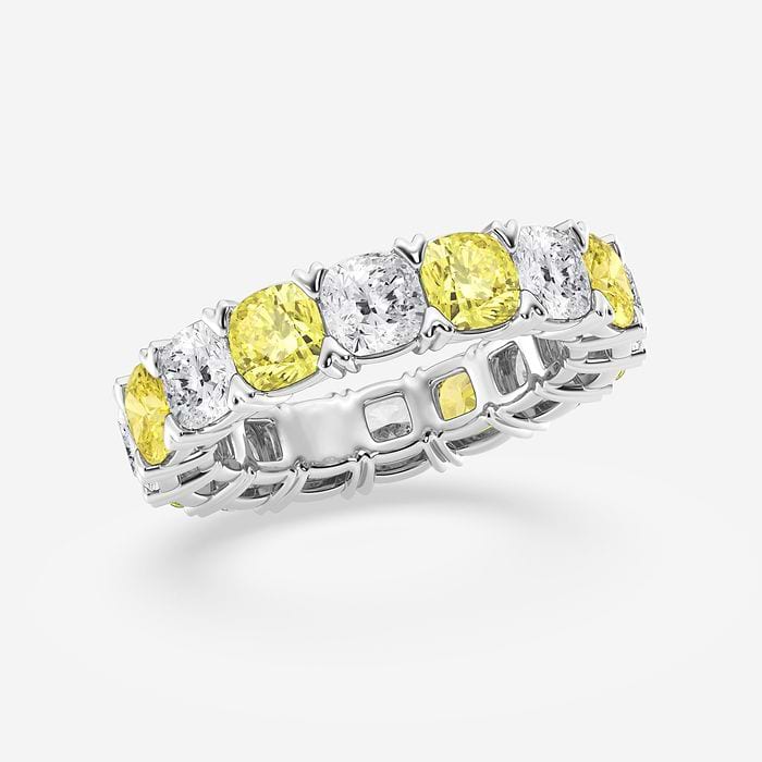 Cushion Lab Grown Diamond with Alternating Fancy Yellow V Prong Eternity Band