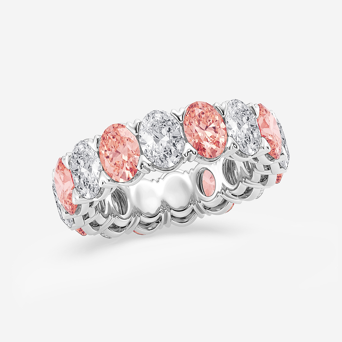 Natalia Band - 7 ctw Oval Lab Grown Diamond with Alternating Fancy Pink V Prong Eternity Band - 6.2mm Width