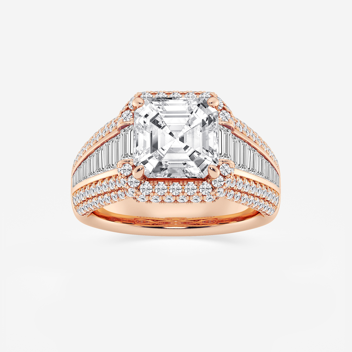 6 ctw Asscher Lab Grown Diamond Solitaire Engagement Ring with Round and Baguette Side Accents