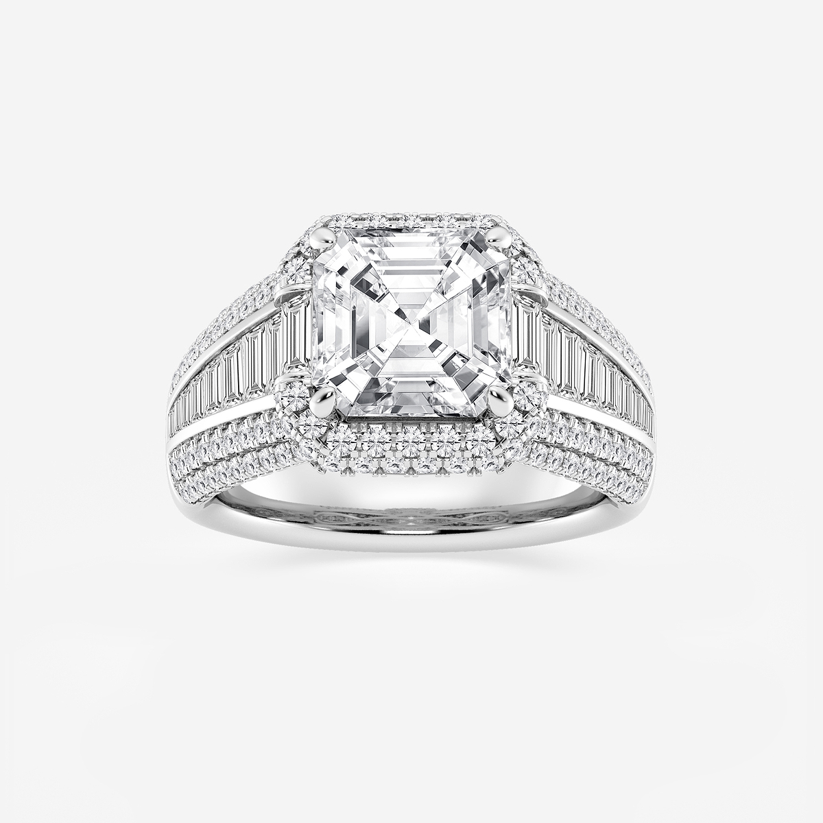 6 ctw Asscher Lab Grown Diamond Solitaire Engagement Ring with Round and Baguette Side Accents