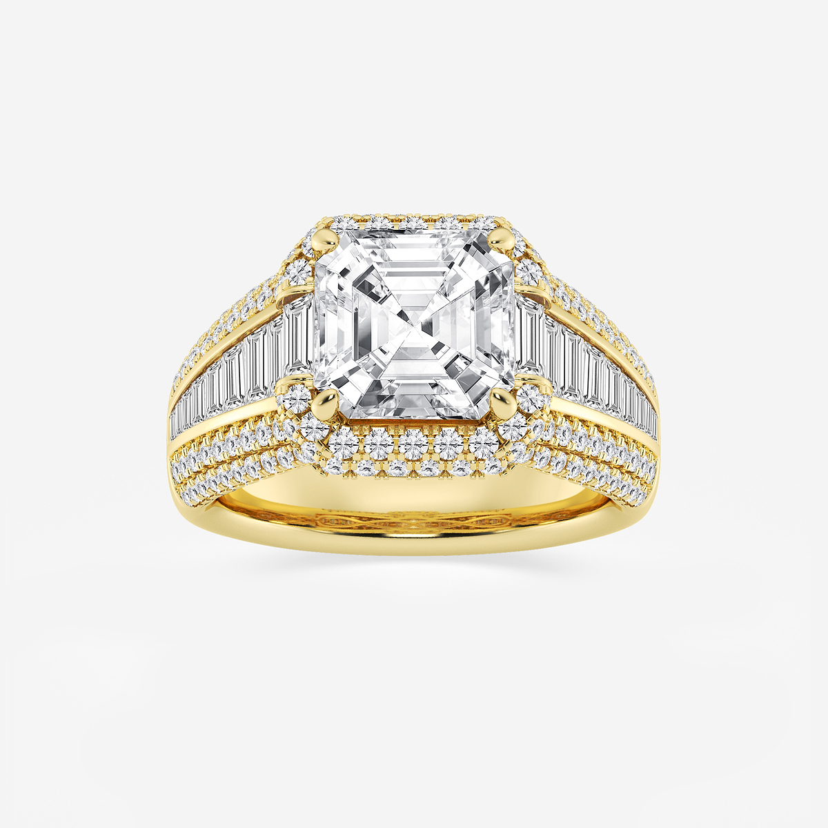 6 ctw Asscher Lab Grown Diamond Solitaire Engagement Ring with Round and Baguette Side Accents