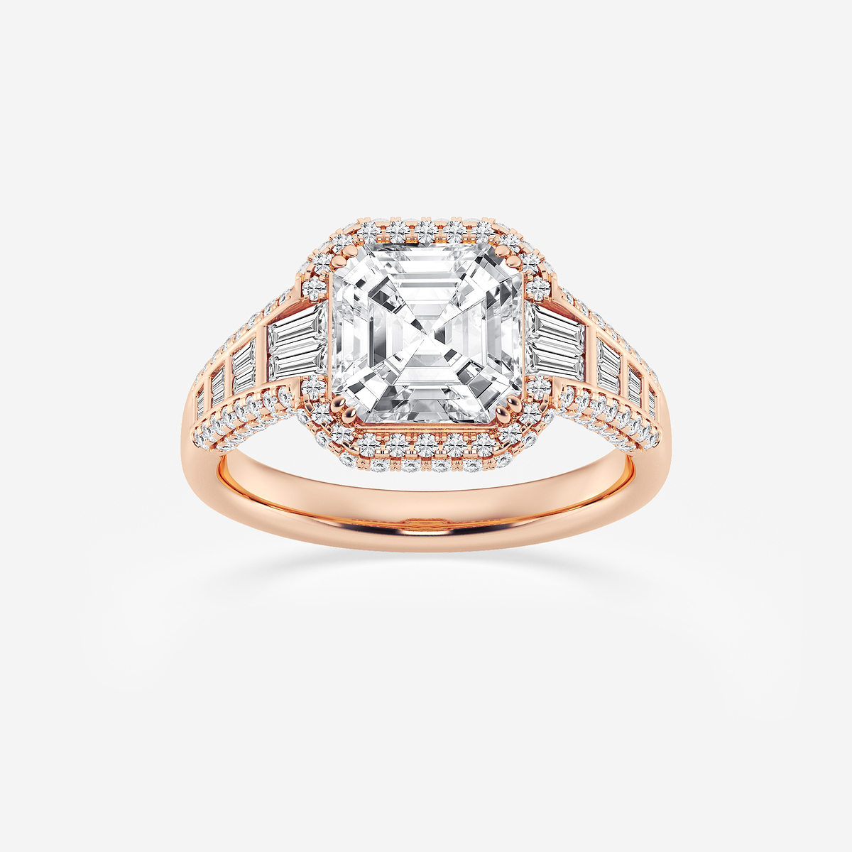 4 ctw Asscher Lab Grown Diamond Solitaire Engagement Ring with Round and Baguette Side Accents