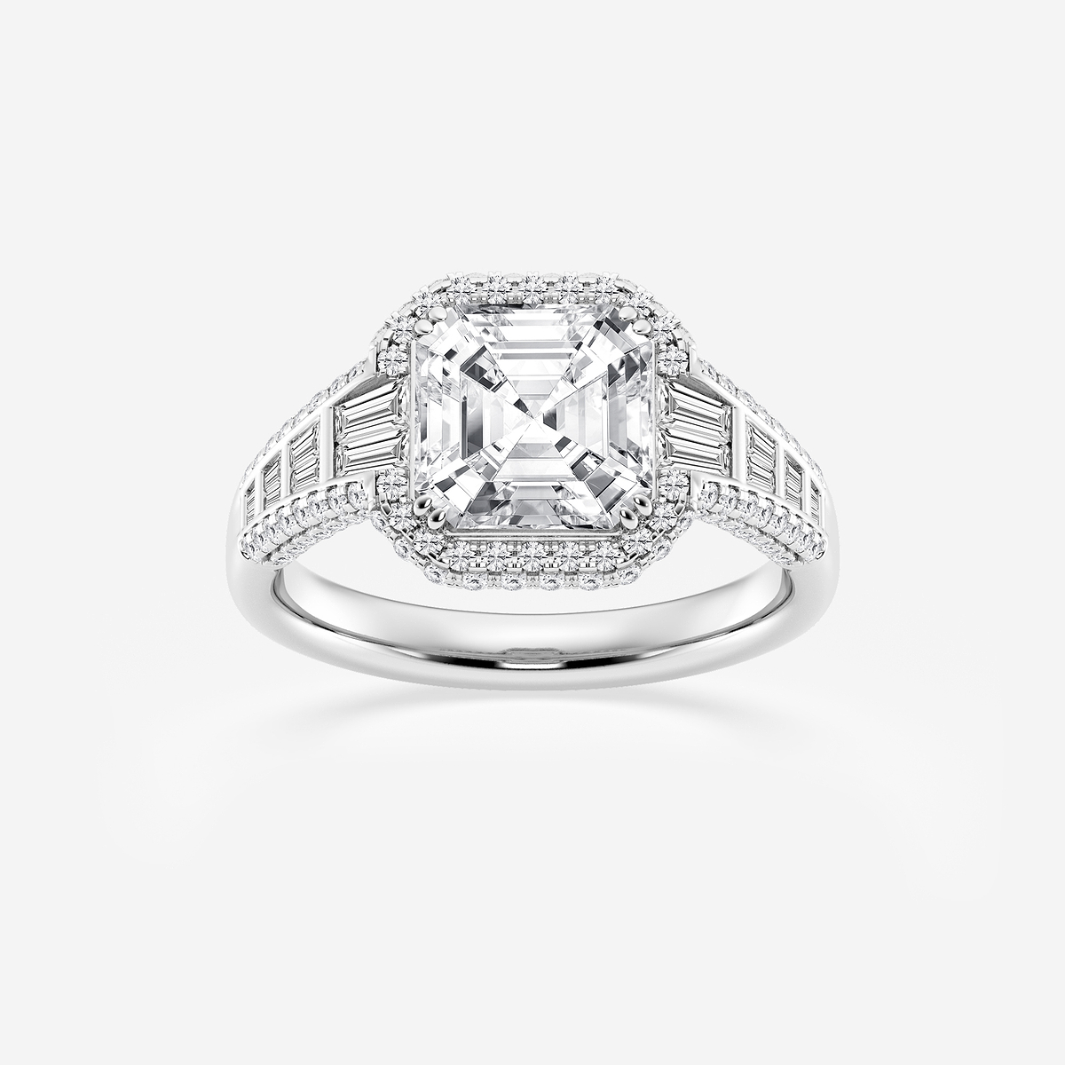 4 ctw Asscher Lab Grown Diamond Solitaire Engagement Ring with Round and Baguette Side Accents