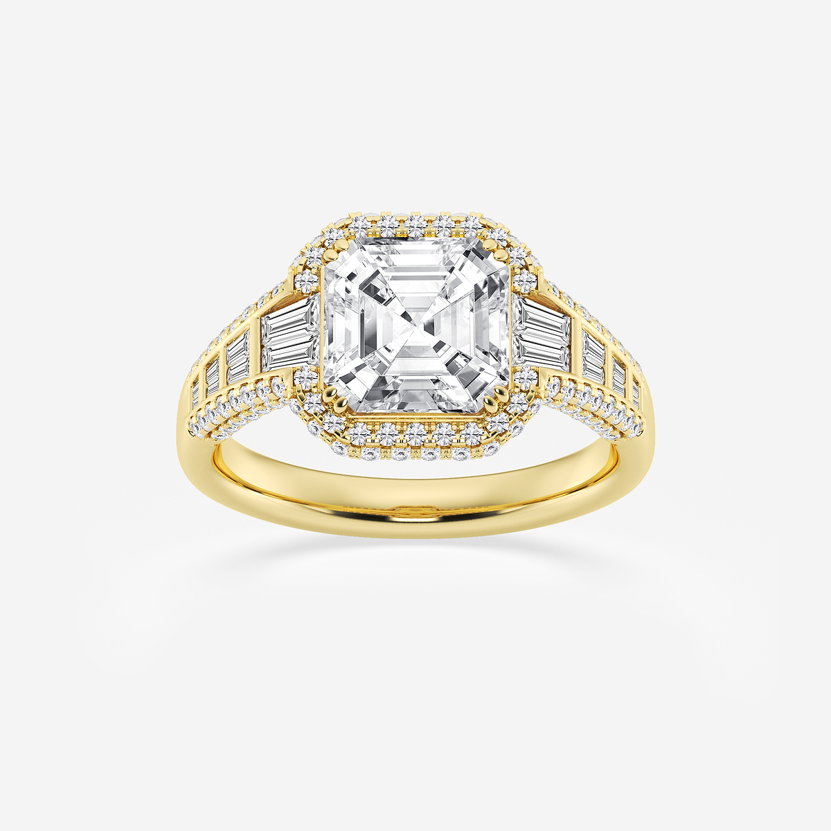 4 ctw Asscher Lab Grown Diamond Solitaire Engagement Ring with Round and Baguette Side Accents