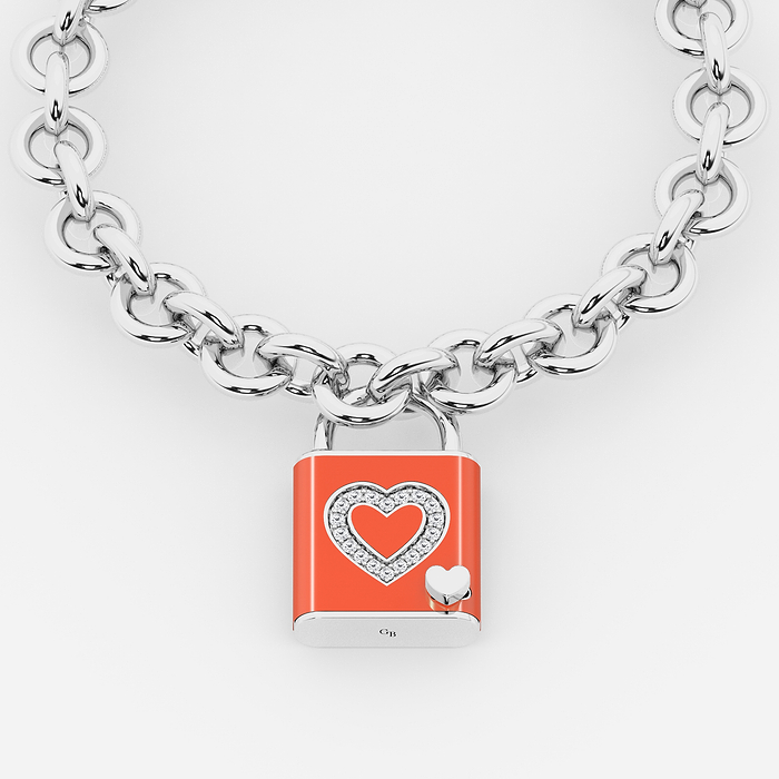 1/4 ctw Round Lab Grown Diamond Heart Design Lock Bracelet with Salmon Ceramic