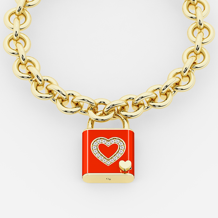 1/4 ctw Round Lab Grown Diamond Heart Design Lock Bracelet with Red Ceramic