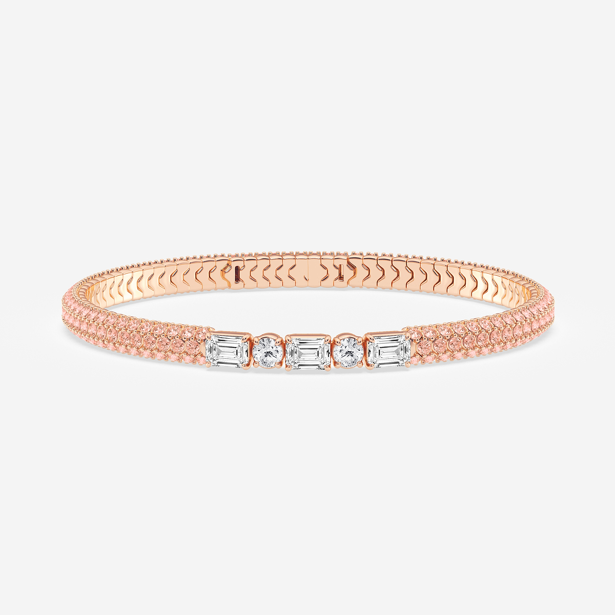 1 7/8 ctw Emerald & Round Lab Grown Diamond Rollover Flexible Bangle Bracelet with 1.8 mm Pink Sapphire Side Stones - 7 Inches