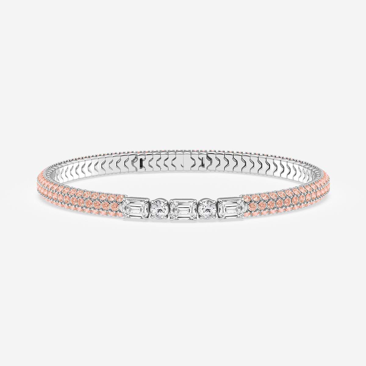 1 7/8 ctw Emerald & Round Lab Grown Diamond Rollover Flexible Bangle Bracelet with 1.8 mm Pink Sapphire Side Stones - 7 Inches