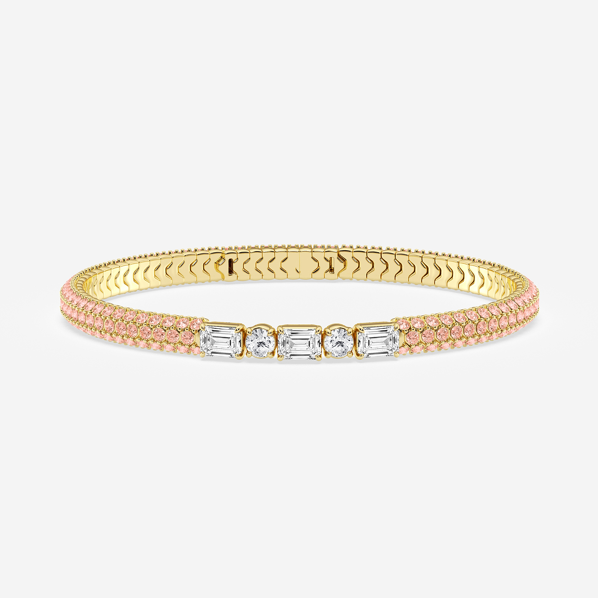 1 7/8 ctw Emerald & Round Lab Grown Diamond Rollover Flexible Bangle Bracelet with 1.8 mm Pink Sapphire Side Stones - 7 Inches