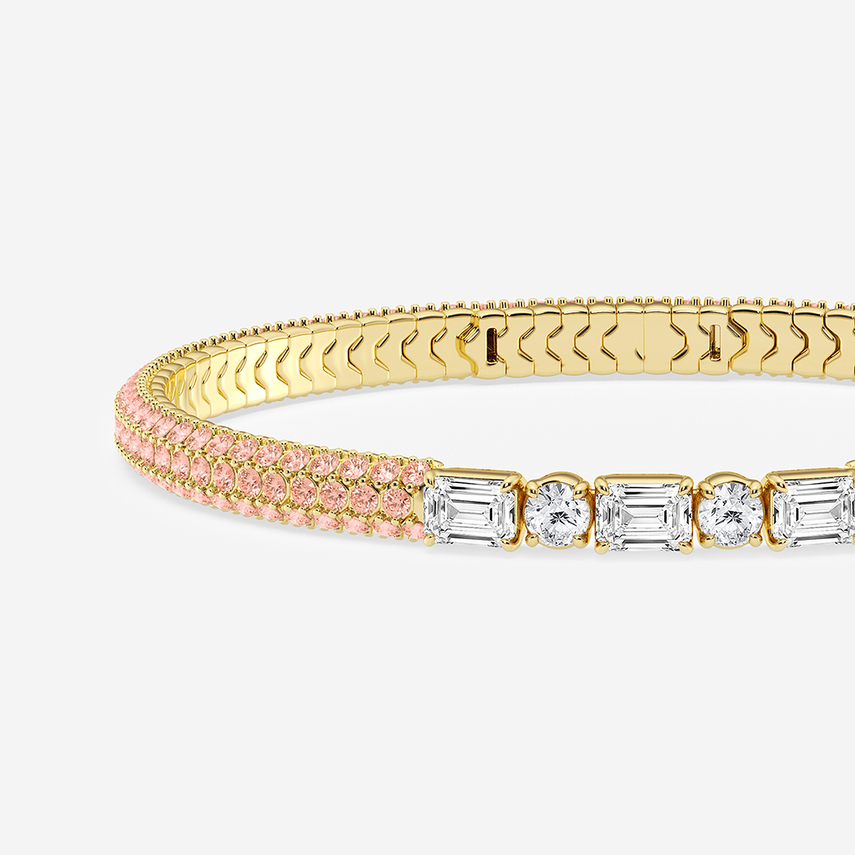 Additional Image 1 for  1 7/8 ctw Emerald & Round Lab Grown Diamond Rollover Flexible Bangle Bracelet with 1.8 mm Pink Sapphire Side Stones - 7 Inches