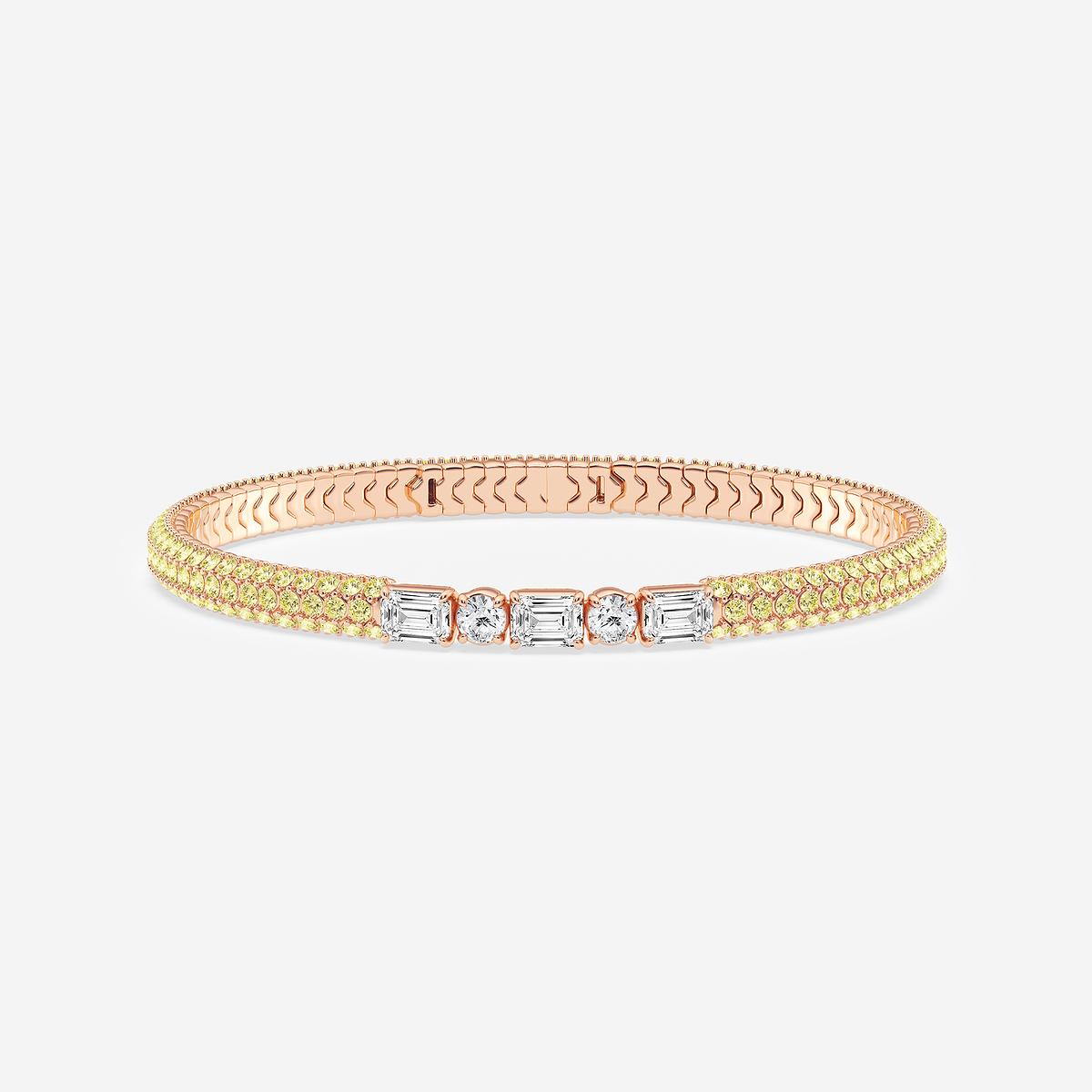 1 7/8 ctw Emerald & Round Lab Grown Diamond Rollover Flexible Bangle Bracelet with 1.8 mm Yellow Sapphire Side Stones - 7 Inches