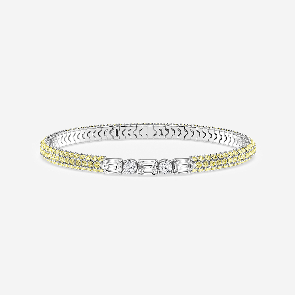 1 7/8 ctw Emerald & Round Lab Grown Diamond  Rollover Flexible Bangle Bracelet with 1.8 mm Yellow Sapphire Side Stones  - 7 Inches 14K White Gold, F, VS2
