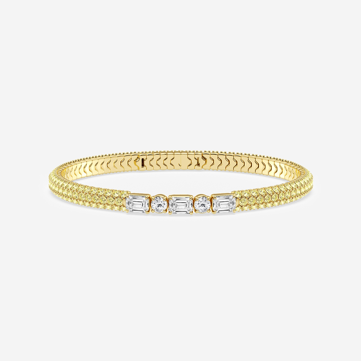 1 7/8 ctw Emerald & Round Lab Grown Diamond Rollover Flexible Bangle Bracelet with 1.8 mm Yellow Sapphire Side Stones - 7 Inches 14K Yellow Gold, DE, VS1