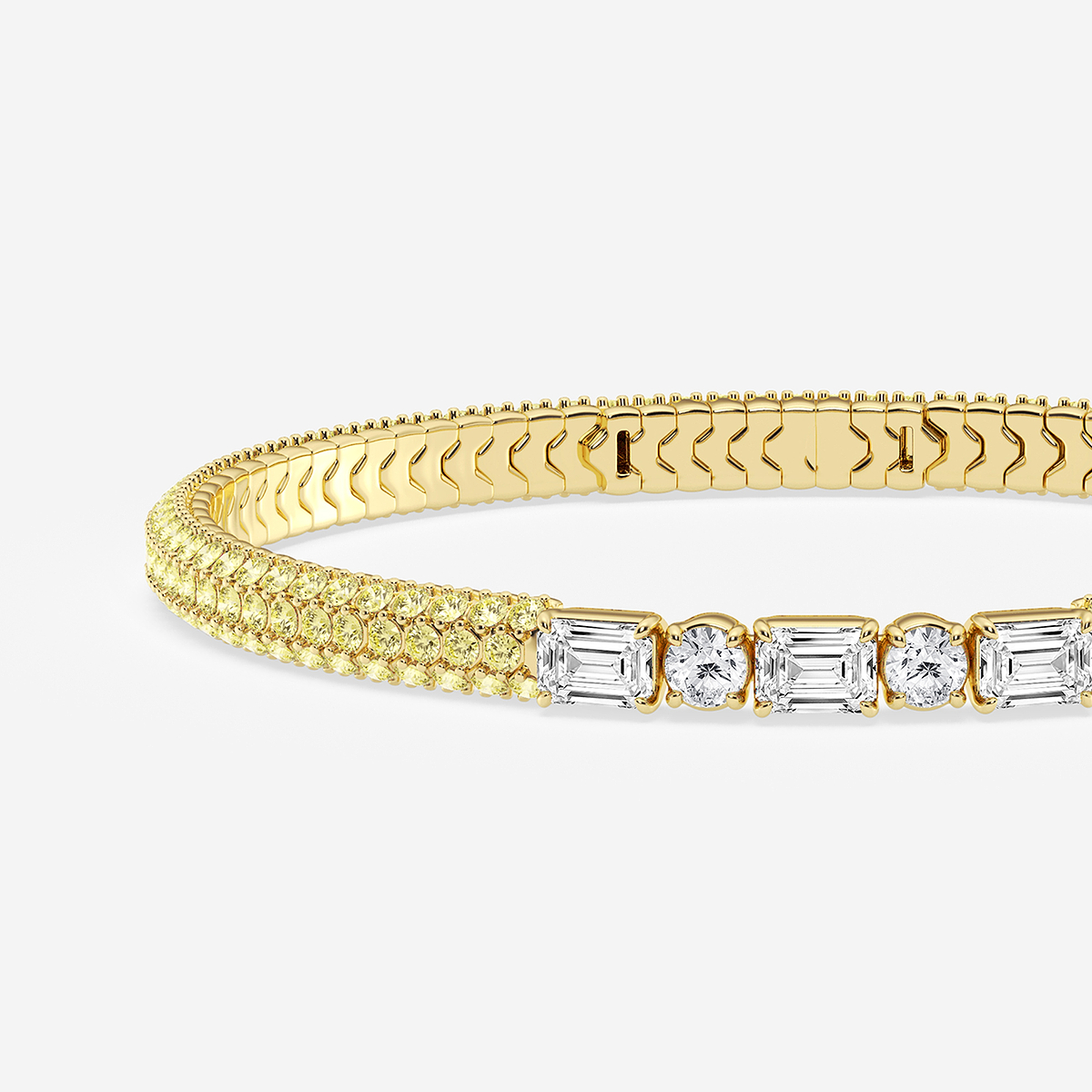 1 7/8 ctw Emerald & Round Lab Grown Diamond Rollover Flexible Bangle Bracelet with 1.8 mm Yellow Sapphire Side Stones - 7 Inches 14K Yellow Gold, DE, VS1
