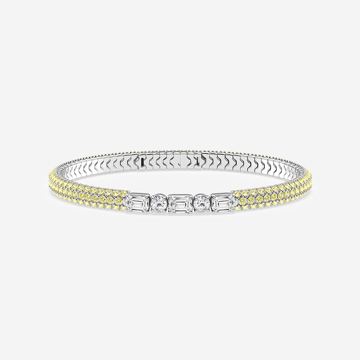 1 7/8 ctw Emerald & Round Lab Grown Diamond  Rollover Flexible Bangle Bracelet with 1.8 mm Yellow Sapphire Side Stones  - 7 Inches
