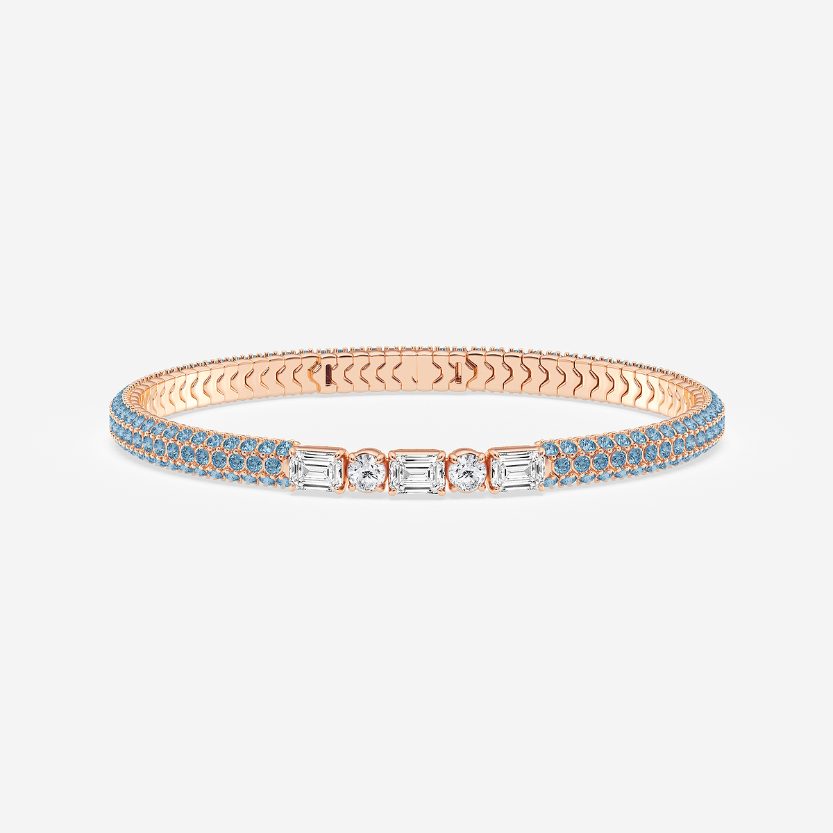 1 7/8 ctw Emerald & Round Lab Grown Diamond Rollover Flexible Bangle Bracelet with 1.8 mm Blue Sapphire Side Stones - 7 Inches
