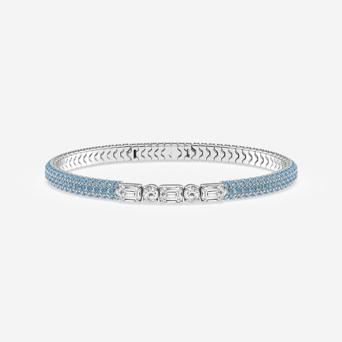 1 7/8 ctw Emerald & Round Lab Grown Diamond Rollover Flexible Bangle Bracelet with 1.8 mm Blue Topaz Side Stones - 7 Inches