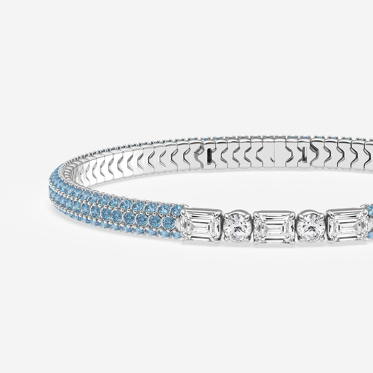 Additional Image 1 for  1 7/8 ctw Emerald & Round Lab Grown Diamond Rollover Flexible Bangle Bracelet with 1.8 mm Blue Topaz Side Stones - 7 Inches