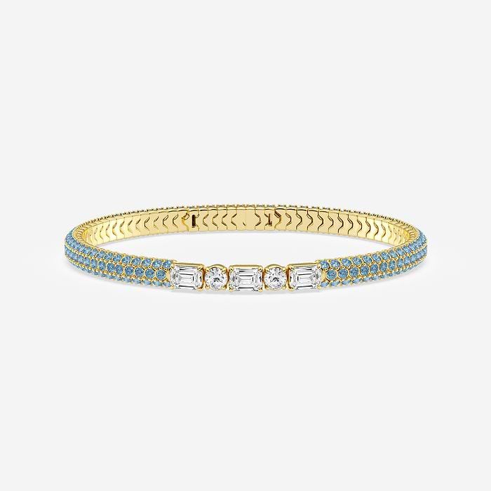 Emerald & Round Lab Grown Diamond Rollover Flexible Bangle with Blue Topaz Side Stones