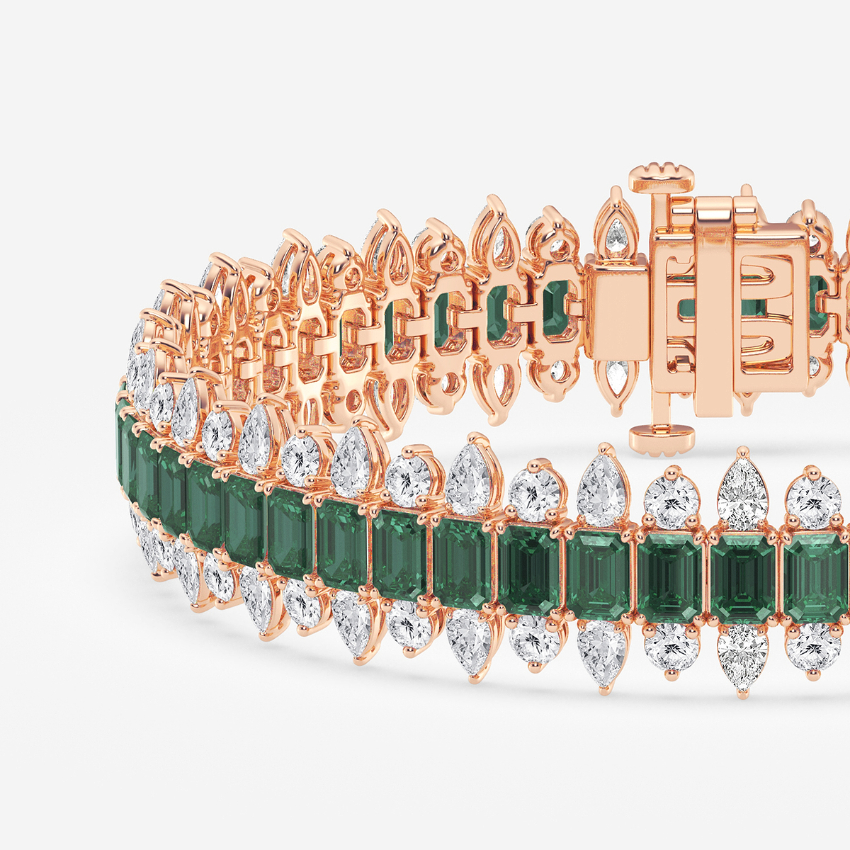 4.1x2.9 mm Created Emerald and 5 1/2 ctw Round and Pear Lab Grown Diamond Fashion Bracelet - 7 Inches 14K Rose Gold