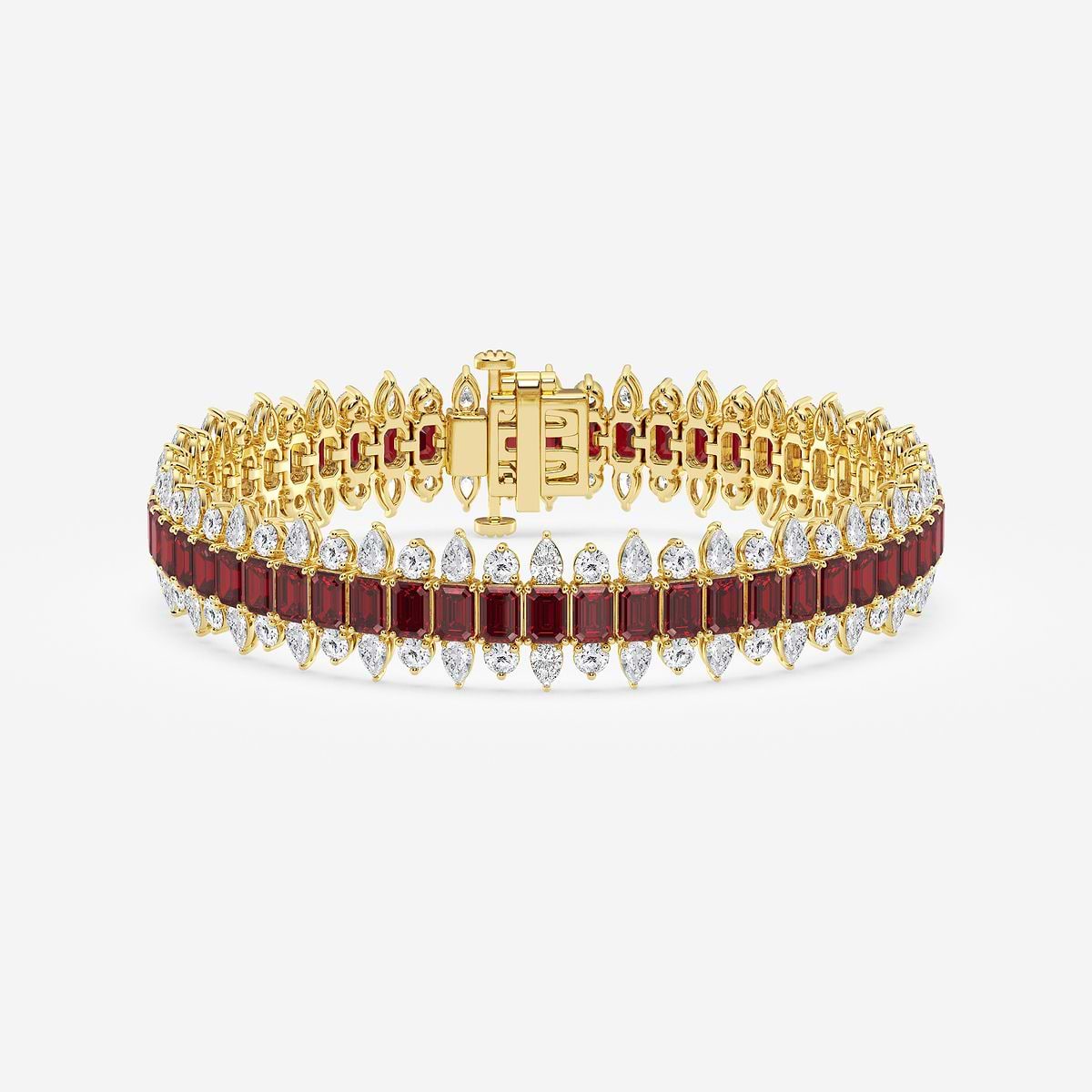 4.1x2.9 mm Emerald Cut Created Ruby and 5 1/2 ctw Round and Pear Lab Grown Diamond Fashion Bracelet - 7 Inches 14K Yellow Gold