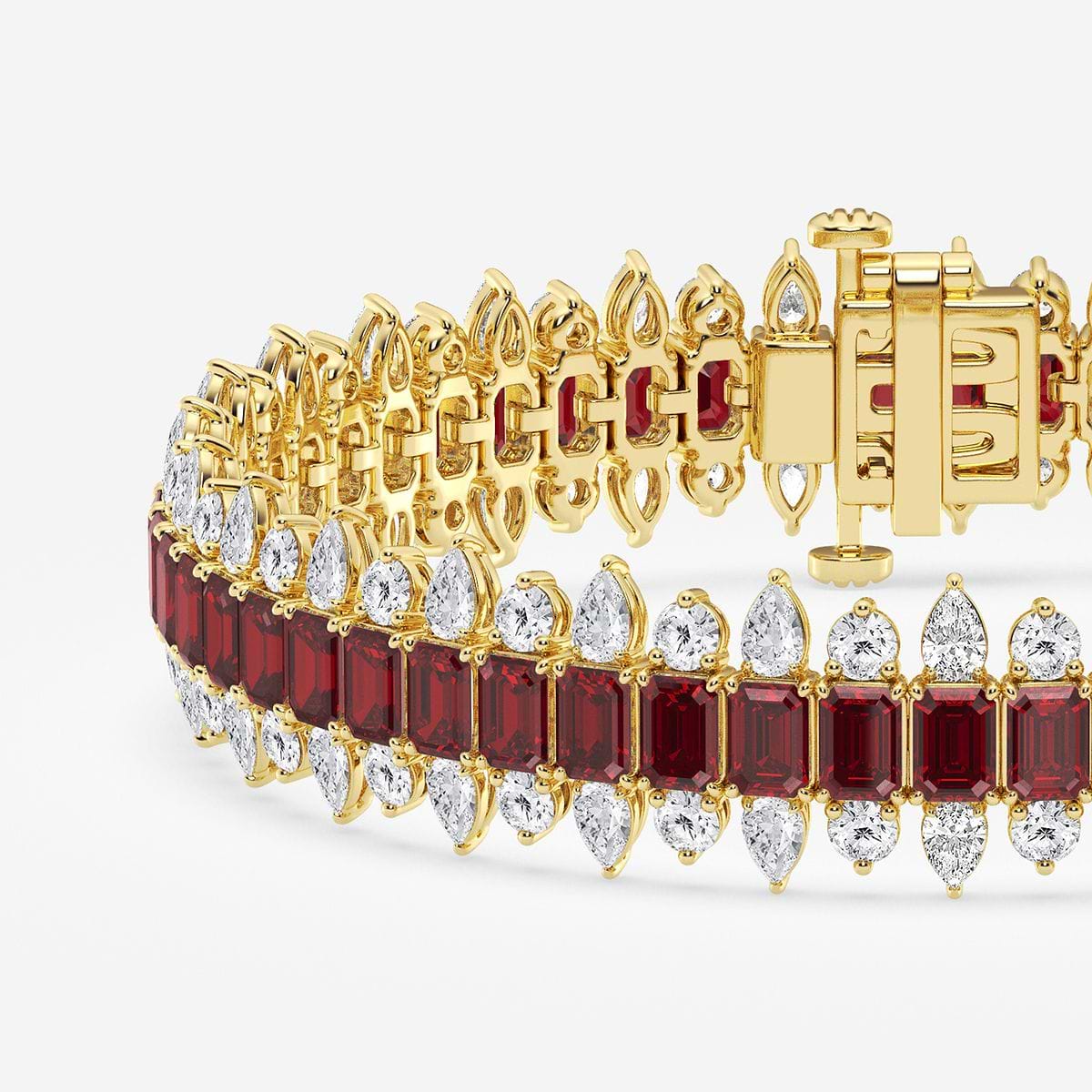4.1x2.9 mm Emerald Cut Created Ruby and 5 1/2 ctw Round and Pear Lab Grown Diamond Fashion Bracelet - 7 Inches 14K Yellow Gold