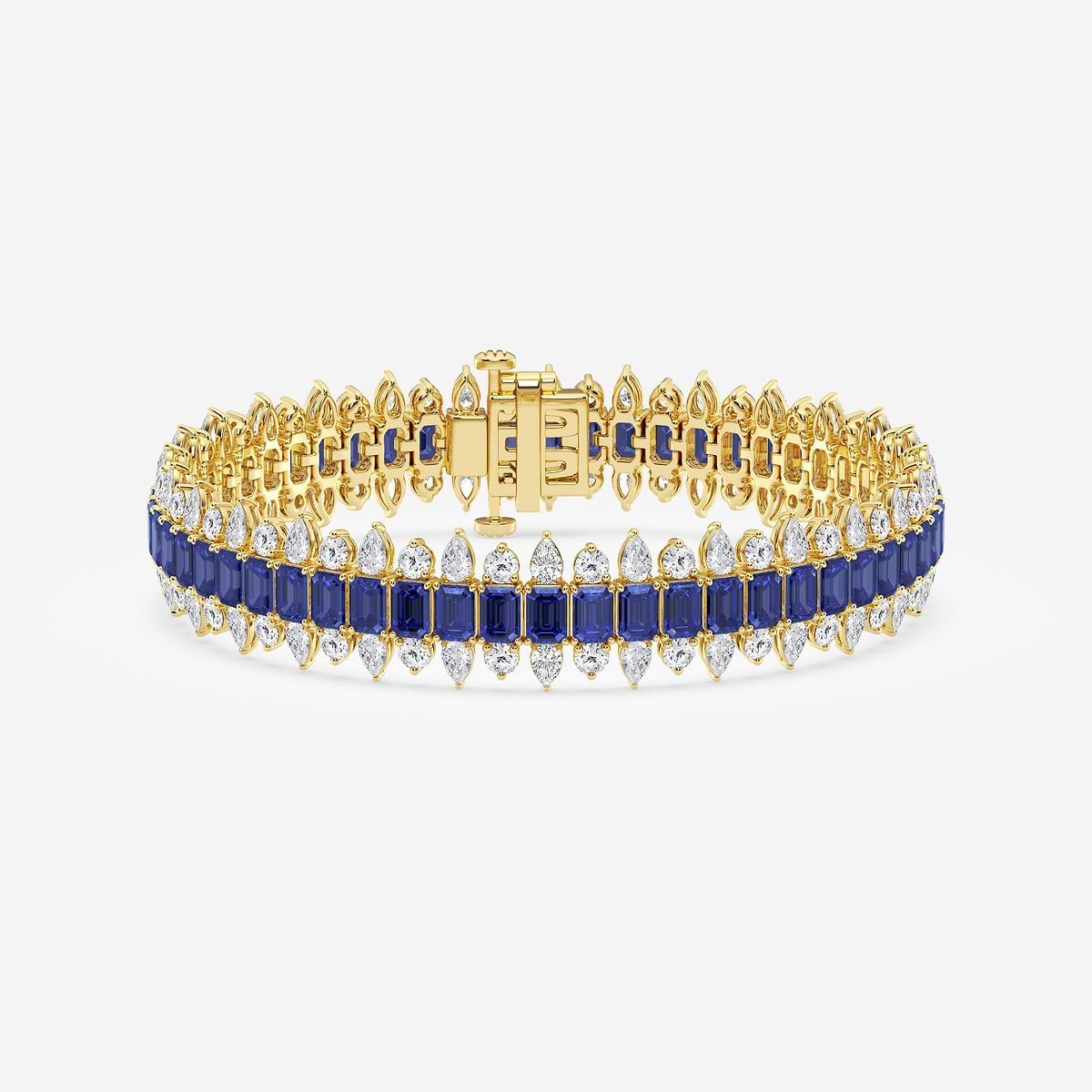 4.1x2.9 mm Emerald Cut Created Sapphire and 5 1/2 ctw Round and Pear Lab Grown Diamond Fashion Bracelet - 7 Inches 14K Yellow Gold