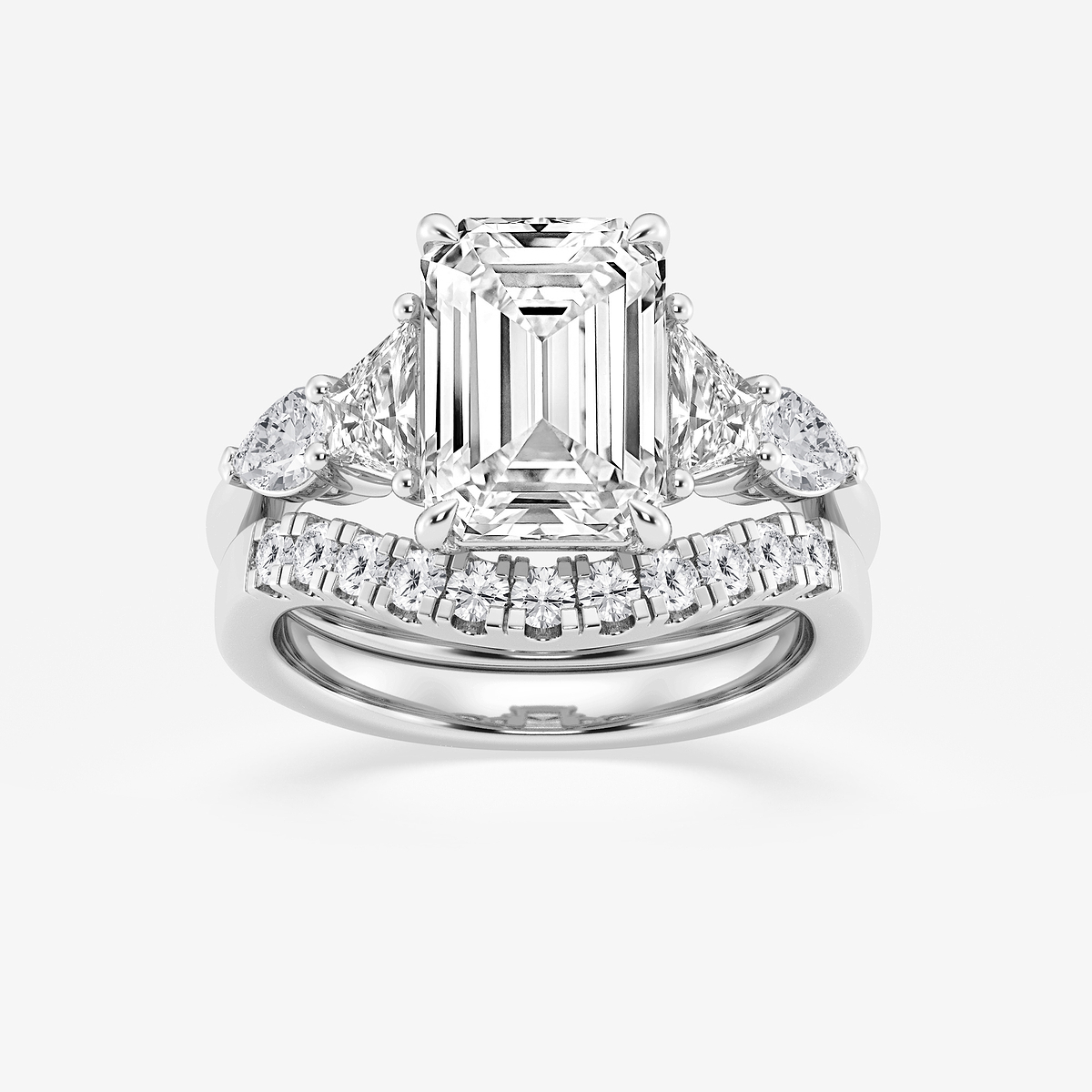 5 1/4 ctw Emerald Lab Grown Diamond Trapezoid and Pear Side Stone Bridal Set 14K White Gold, E, VS1