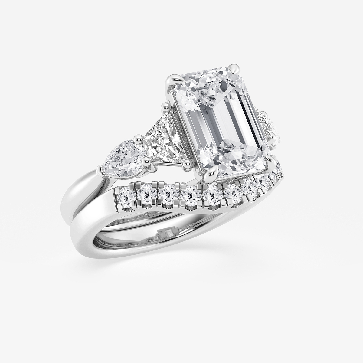 5 1/4 ctw Emerald Lab Grown Diamond Trapezoid and Pear Side Stone Bridal Set 14K White Gold, E, VS1
