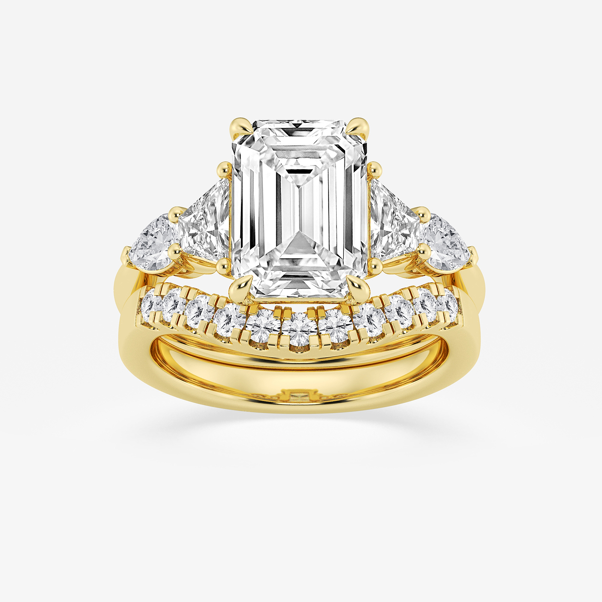 5 1/4 ctw Emerald Lab Grown Diamond Trapezoid and Pear Side Stone Bridal Set 14K Yellow Gold, E, VS1
