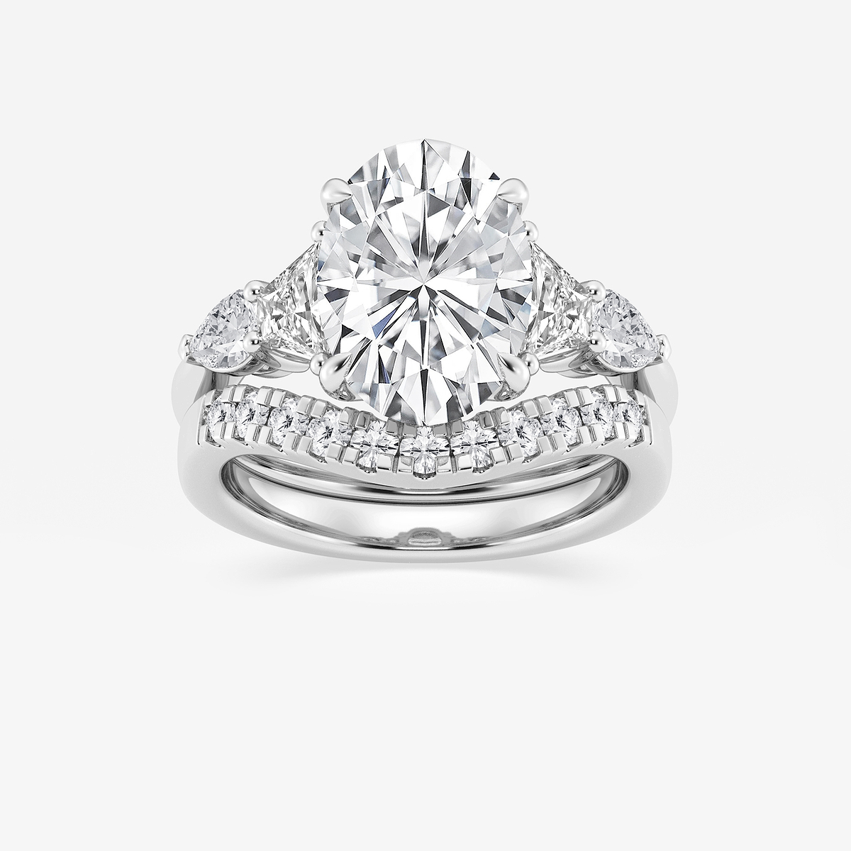 5 1/4 ctw Oval Lab Grown Diamond Trapezoid and Pear Side Stone Bridal Set