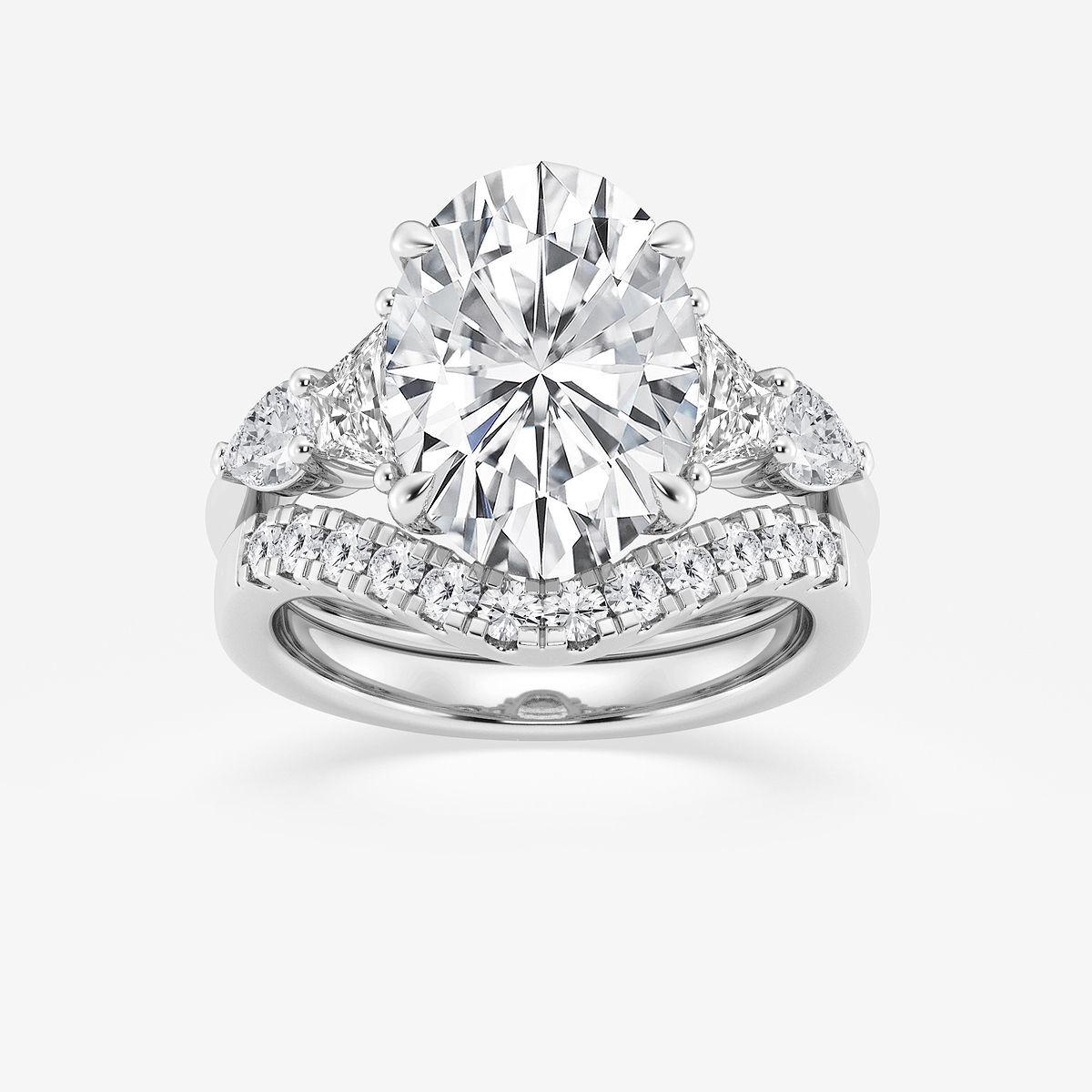 6 1/4 ctw Oval Lab Grown Diamond Trapezoid and Pear Side Stone Bridal Set