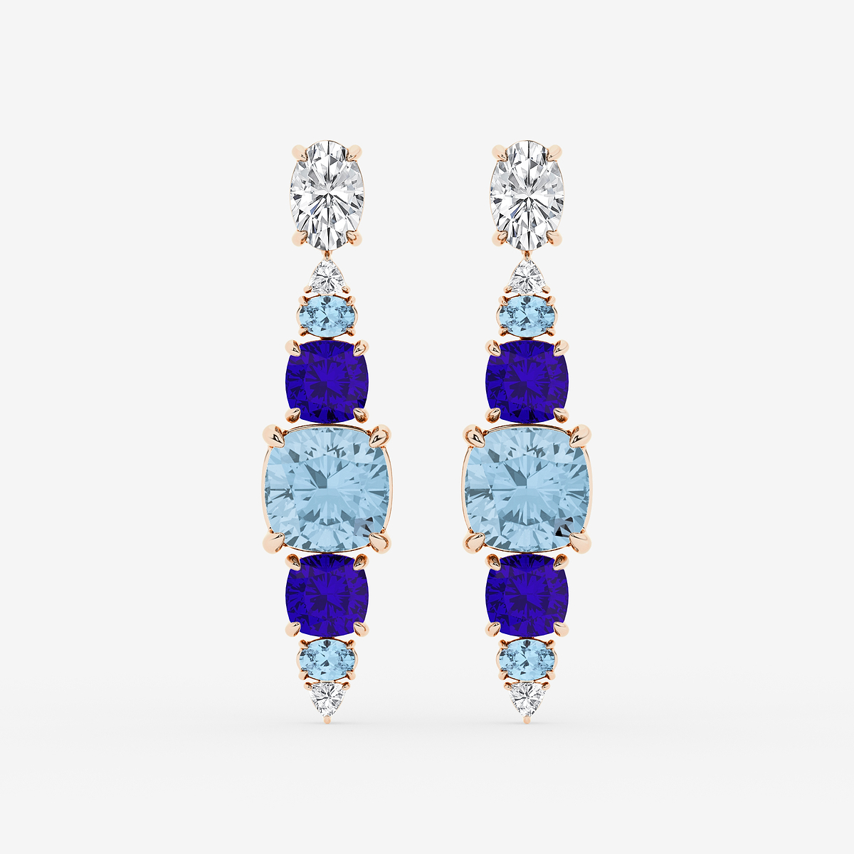 13 ctw Cushion & Oval Cut Created Aquamarine and Cushion Cut Created Tanzanite with Round & Trillion Lab Grown Diamond Drop Earrings