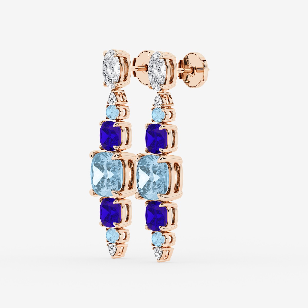 Additional Image 1 for  13 ctw Cushion & Oval Cut Created Aquamarine and Cushion Cut Created Tanzanite with Round & Trillion Lab Grown Diamond Drop Earrings