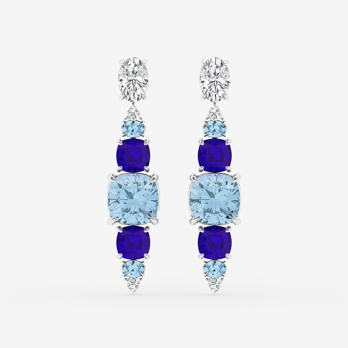 13 ctw Cushion & Oval Cut Created Aquamarine and Cushion Cut Created Tanzanite with Round & Trillion Lab Grown Diamond Drop Earrings